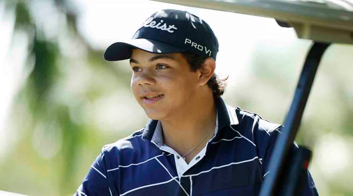 Charlie Woods looks on during pre-qualifying for the Cognizant Classic in The Palm Beaches at Lost Lake Golf Club on Feb. 22, 2024. in Hobe Sound, Fla.